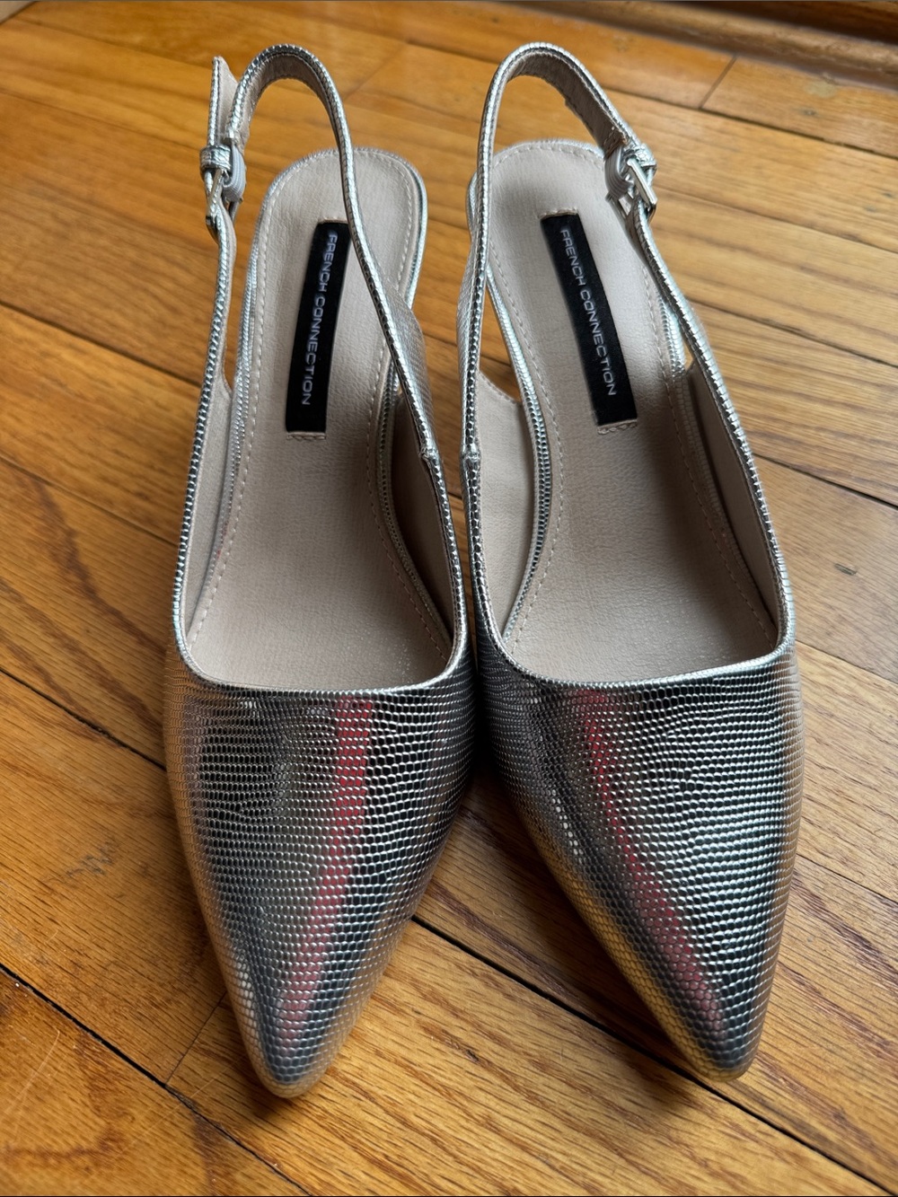 French Connection Silver Pointed Slingback Kitten Heels
